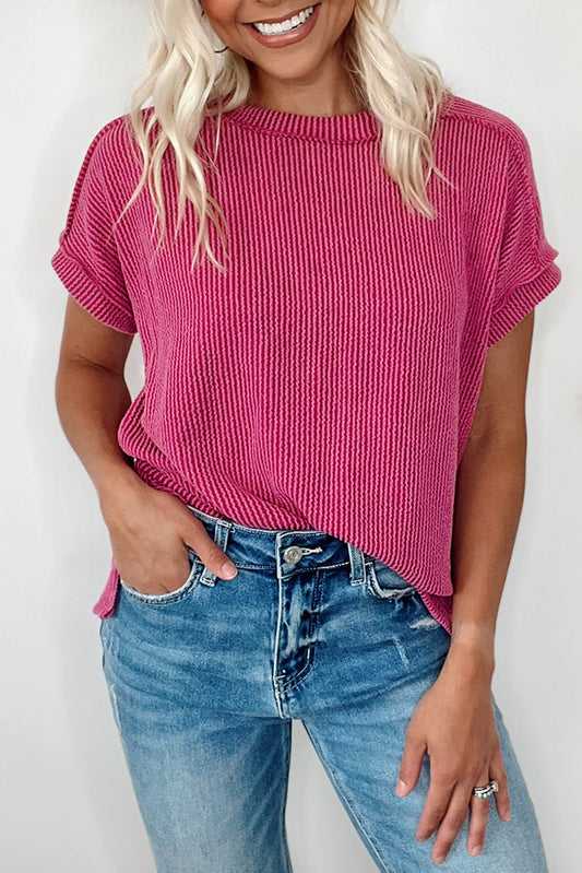 Rose Red Textured Knit Round Neck T Shirt