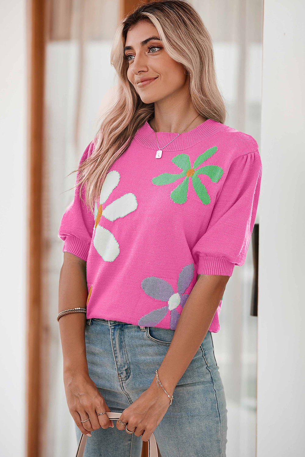 Bright Green Floral Bubble Short Sleeve Knitted Top