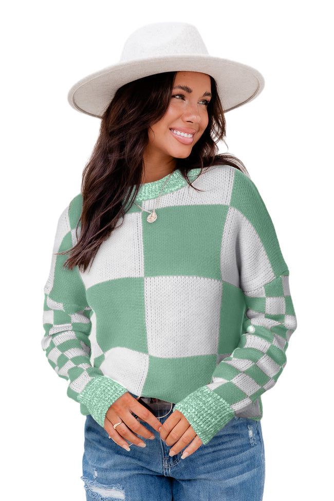 Mint Green Plaid Knitted Drop Shoulder Sweater