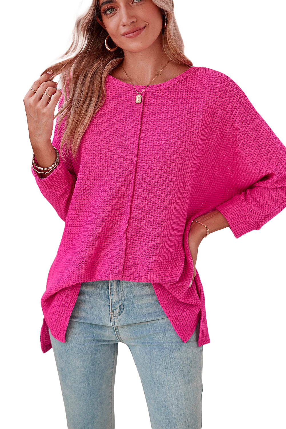 Rose Red Textured Center Seam Long Sleeve Split Top