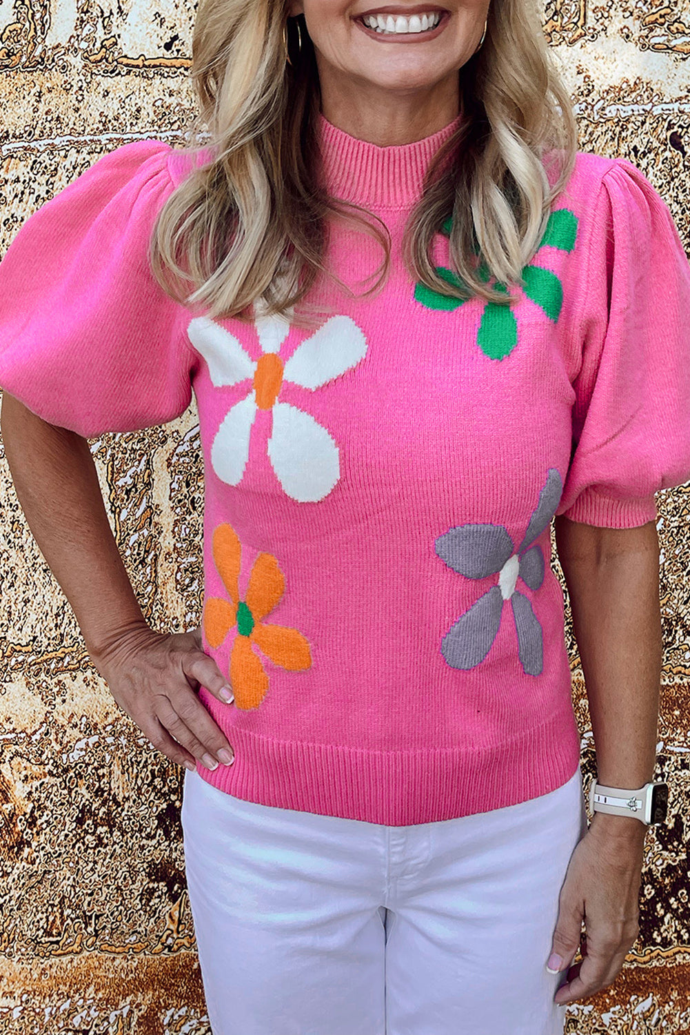 Bright Green Floral Bubble Short Sleeve Knitted Top