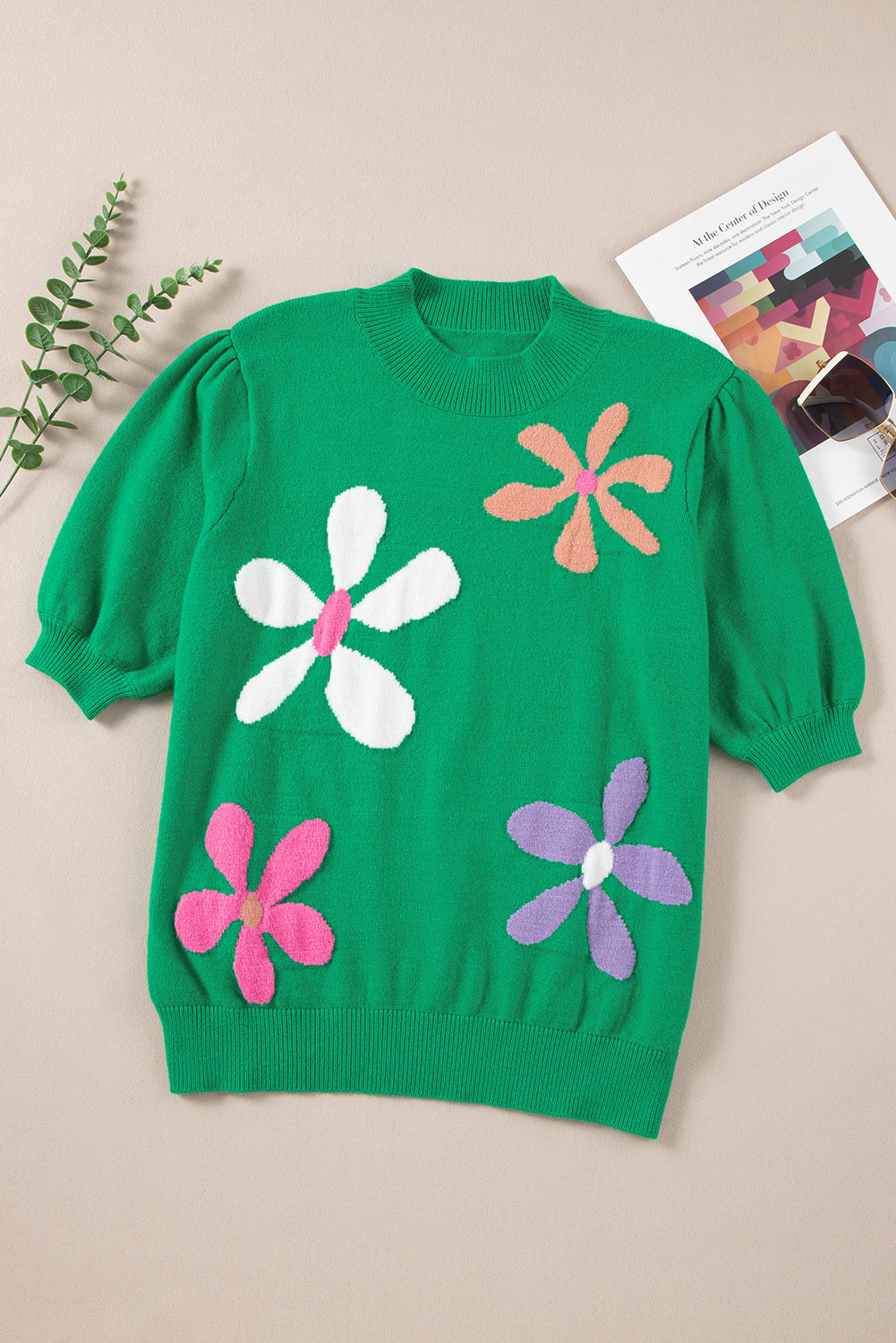 Bright Green Floral Bubble Short Sleeve Knitted Top