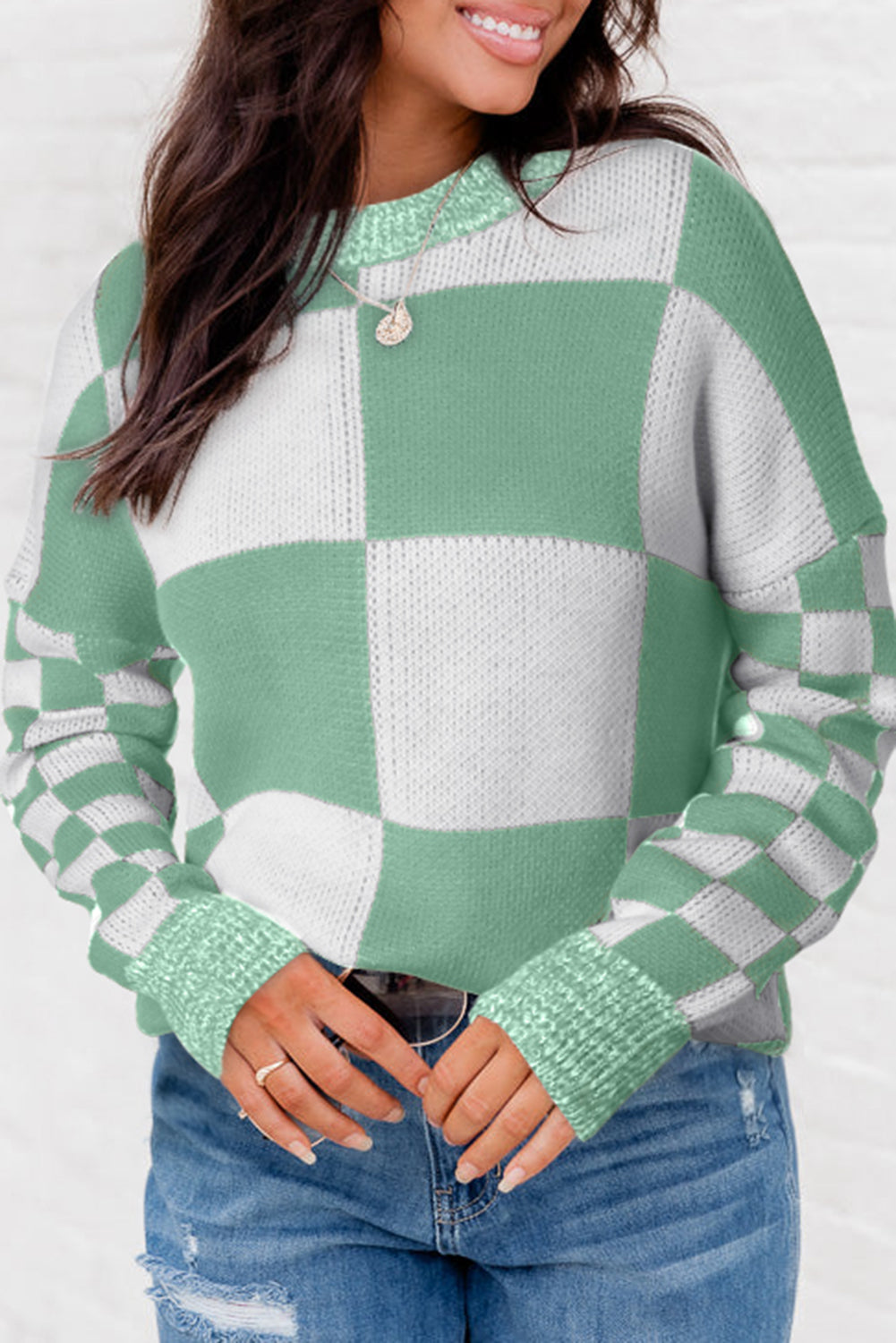 Mint Green Plaid Knitted Drop Shoulder Sweater