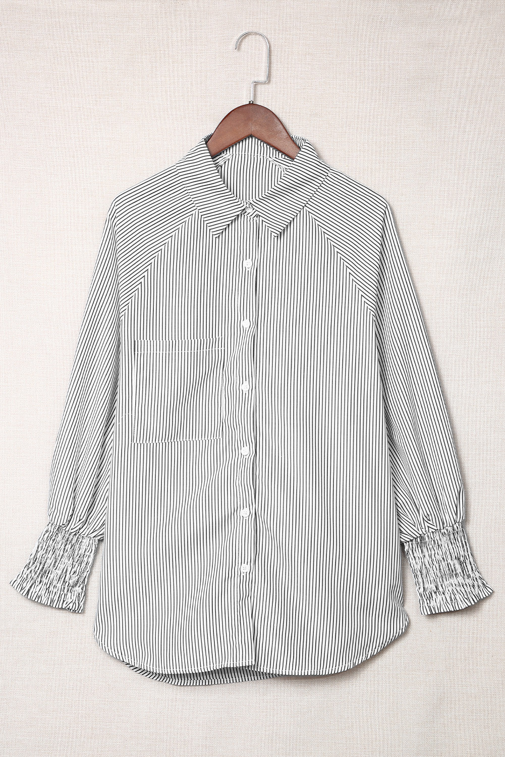 Black Striped Casual Shirred Cuffs Shirt